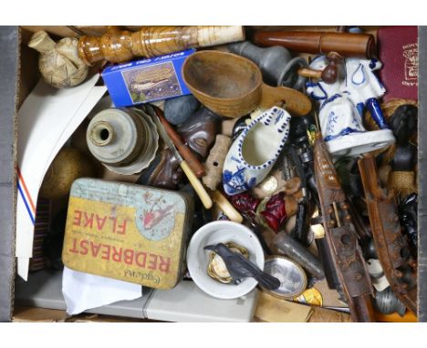 A mixed collection of items to include: Oriental Carved wood &amp; Resin figures, Cameo Brooch , Art Pottery  etc 