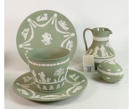 A collection of Wedgwood sage green items to include: small planter, water jug, egg box, plates etc (5)