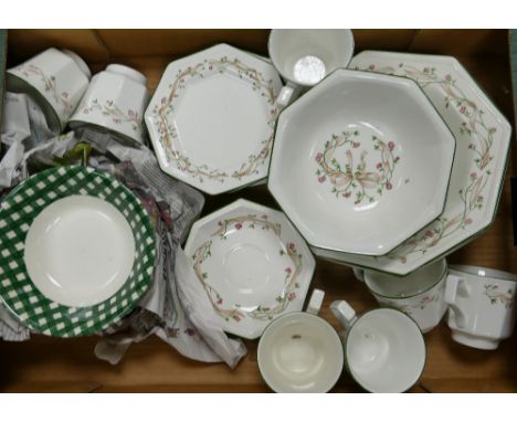 A mixed collection of items to include: Johnson Bros Eternal Bow Tea &amp; Dinner Ware, Boots Checkers patterned fruit bowls 