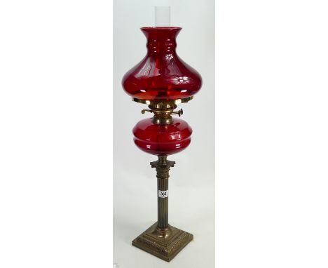 Corinthian column Oil Lamp : ruby glass with Shade