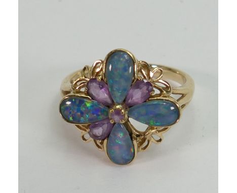 9ct opal amethyst & diamond dress ring: Weight 3.4g, one amethyst missing.  Size Q         