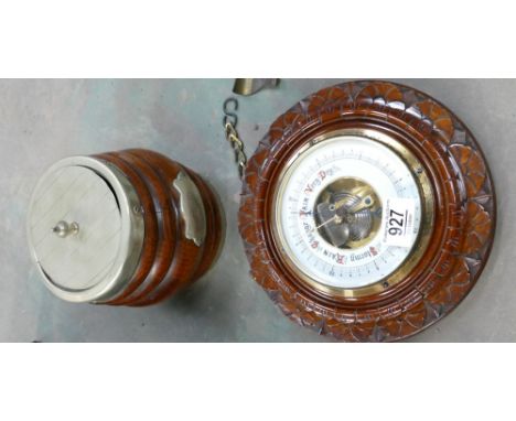 Carved Mahogany Wall Barometer: together with oak presentation biscuit barrel(2)