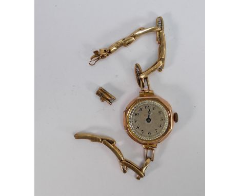 9ct rose gold ladies vintage wristwatch: with yellow metal expandable bracelet, gross 18g.