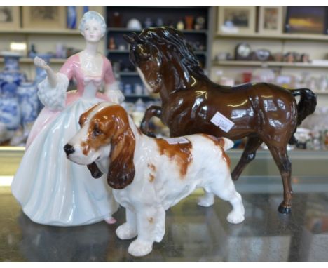 A Royal Doulton lady figurine 'Diana', HN3266, a Beswick model of prancing horse, and a further Doulton figure of a dog HN103