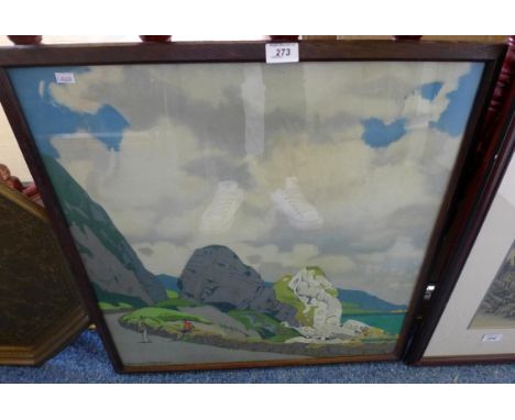 A Norman Wilkinson mixed media depicting a gentleman wearing a suit beside walker in mountainous landscape scene, together wi