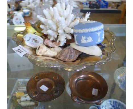 A mixed group of items to include a large silver-plated bowl, various shells, a Royal Adderley model of a bird and two pieces