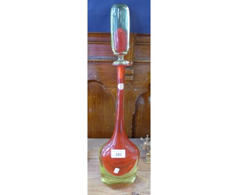 A Venetian Art Glass decanter of ovoid form with elongated neck designed with red and green colourway, height 37cm 