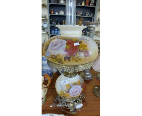 A reproduction Victorian style opaque glass lamp having floral decoration, with a Crown Ducal musical jug 