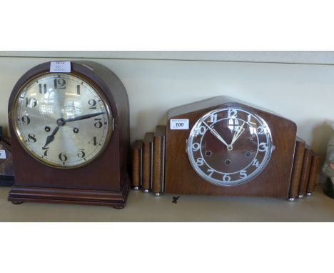 An Art Deco oak mantel clock having stepped sides, together with a Edwardian mantel clock 