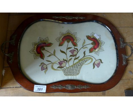 A small gilt framed wall mirror together with a twin handled tapestry tray 