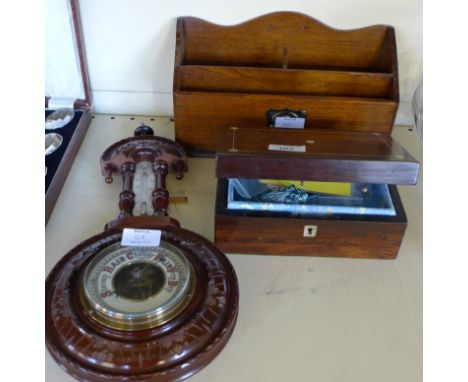 A Victorian mother of pearl inlaid sewing box, together with a Art Nouveau stationery box, also a barometer 