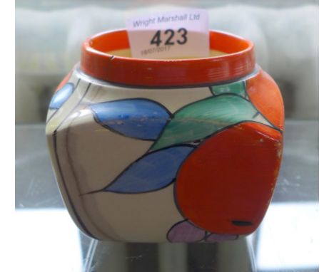A Clarice Cliff Bizarre preserve jar decorated in the Oranges pattern    CONDITION REPORT:  Large stained crack running throu