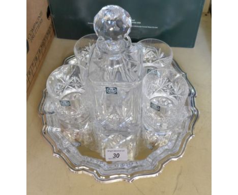 A Thomas Webb International crystal drinking set with decanter four glasses and silver-plated tray, complete with original bo