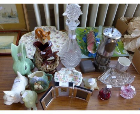 A mixed lot of assorted items to include Eccles 15 miners lamp, glass paperweight, Beswick dogs to include Corgi 