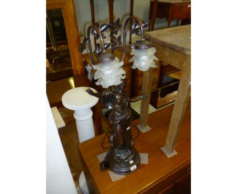 A reproduction Victorian style bronzed figurative table lamp in the form of a classical maiden beneath flowering branches (so