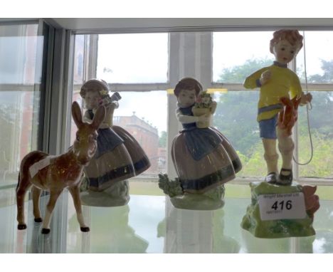 Two Lladro figurines depicting a girl holding a plant pot together with Beswick donkey and a Royal Worcester figure 