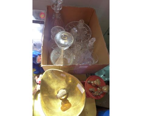 A quantity of assorted cut glass to include good quality decanters, set of balance scales 