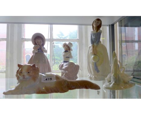 A group of five various Nao Lladro figures to include a cat, ducks and two girls holding animals (5)