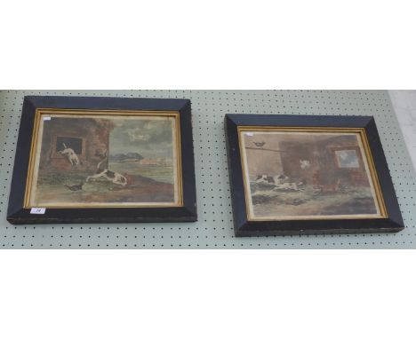 A pair of 19th Century coloured engravings depicting dogs hunting in a farm scene 