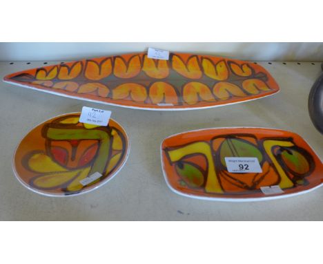 Three pieces of Poole pottery Delphis ware to include spear