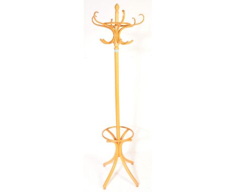A vintage 1970’s Habitat Thonet bentwood hat stand with shaped hooks atop, raised on splayed leg base.
