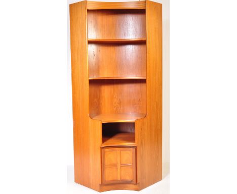 Nathan - Squares Pattern -&nbsp; A retro vintage mid 20th century corner bookcase / room unit having a set of three shelves a