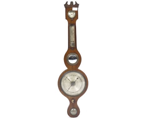 A 19th Century George III mahogany mercury banjo wall barometer having a shaped pediment top with inset silvered gauge &amp; 