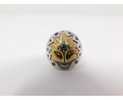 Silver, mother of pearl and Cubic Zirconia harlequin cocktail ring. Inlaid with mother of pearl and brown and purple Cubic Zi