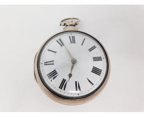A Geogian silver pair case pocket watch. Hallmarked: WC for William Clark, Birmingham, 1845. White enamel dial with black num