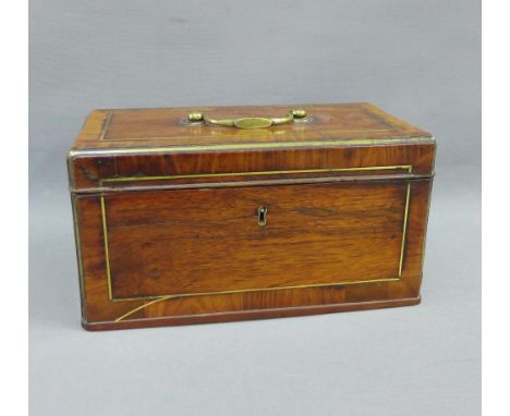 19th century mahogany and rosewood veneered tea caddy with brass string inlay, 24 x 13cm 
