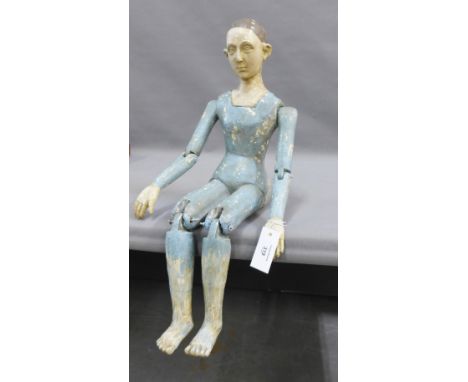 French blue painted wooden figure / mannequin, with white painted face and dark hair, with articulated arms and legs, approx 