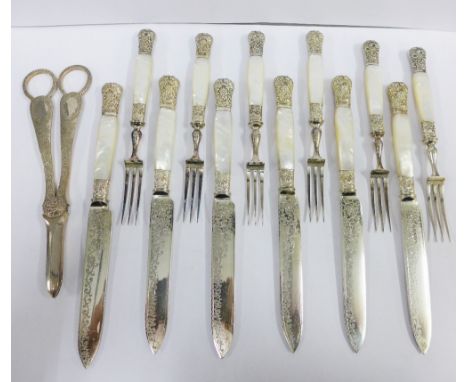 Set of six mother of pearl an Epns fruit knives and forks and a set of Epns grape scissors (13) 