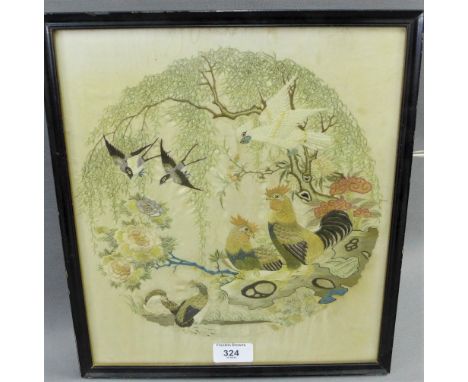 Late 19th / early 20th century silk needlework panel with chickens and other birds, contained within a glazed rectangular fra
