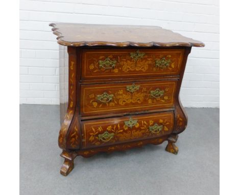 Early 19th century Dutch marquetry bombe commode with a serpentine top over three drawers, with brass handles and scroll feet