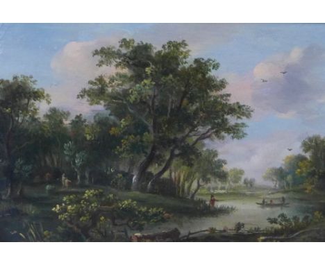 R. Gibb,  Landscape with figures,  Oil on board, inscribed verso,  in an ornate giltwood frame, 19 x 13cm 