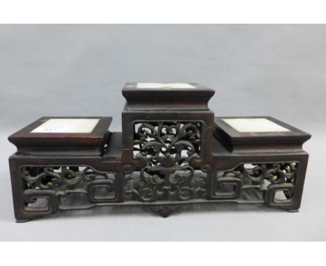 Collection of chinoiserie hardwood stands and a needlework panel with peacock pattern, 90cm wide (a lot) 