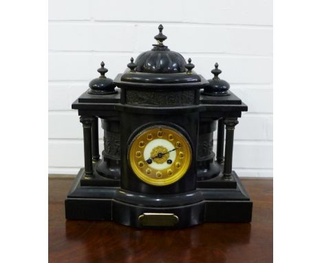 Victorian black slate mantle clock with Roman numerals to the gilt metal chapter ring, flanked by pillars, on a plinth base, 