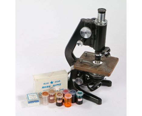 Watson London Service II monocular microscope, number 122737, the head stamped King's Coll Botany, together with a box of mic