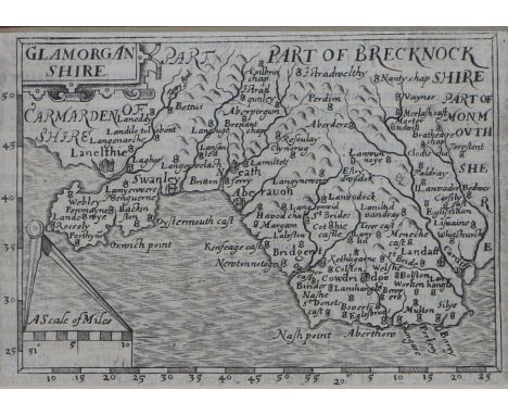John Bill, map engraving, Glamorganshire, circa 1626, the first county maps to have longitude and latitude marked, mounted, t