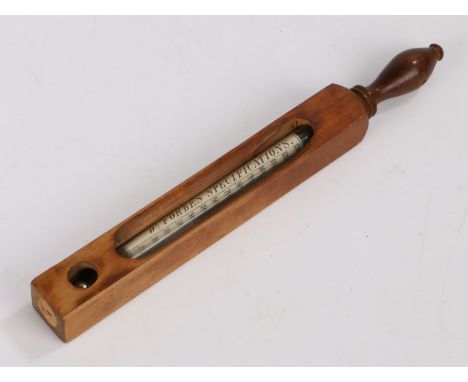 Dr. Forbes wooden cased thermometer, with turned handle above the pierced square central section containing the thermometer, 
