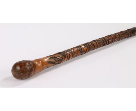 Japanese Meiji period bamboo walking stick, with carved figural and landscape decoration, 82.5cm long