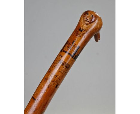 George III named and dated circa 1819 Masonic cane, the top in the style of a bird, penwork decorated with Masonic symbols, t