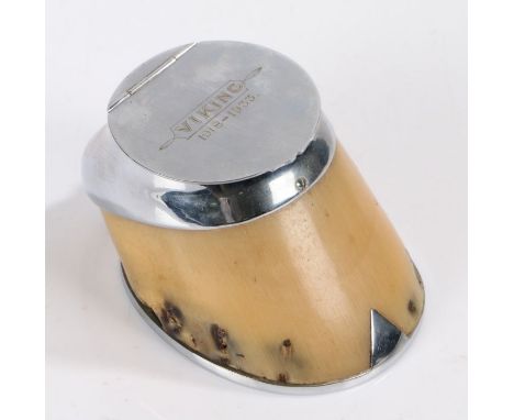 Taxidermy- Silver plate mounted horses hoof inkwell by Peter Spicer, the hinged lid engraved "VIKING 1918-1933", the horsesho