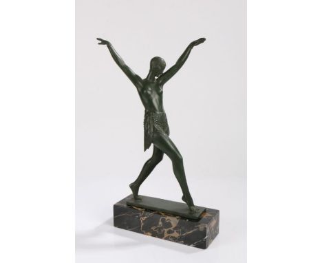 Art Deco patinated green figure, Le Verrier Paris, after Fayral, depicting a dancing female figure with her arms raised, on a