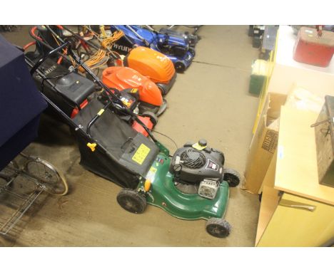 A petrol rotary garden lawn mower with Briggs and Stratton 450E series 125cc engine and grass collection box