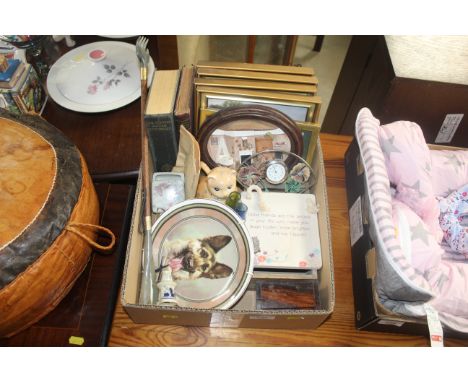 A box containing various ornaments, prints, trinket box etc