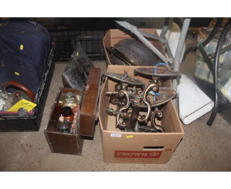 Two light fittings in a box together with two pairs of further light fittings; a wooden embossed letter rack and a travelling