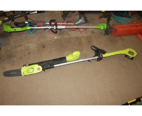 A Gardengear cordless multi tool including battery, lacking charger, together with chainsaw and hedge trimmer attachment