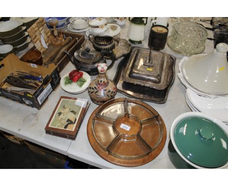 A quantity of silver platedware to include half fluted silver plated tea pot and matching sugar bowl; silver plated entrée di