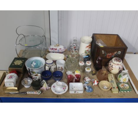 A collection of various decorative glass and china including ornaments, Royal Worcester chamber stick, Royal Crown Derby pot 